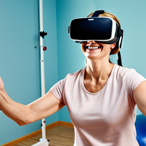Home 11 **
A patient wearing a VR headset and participating in a physical therapy session. They are smiling and engaged, virtually throwing a ball. The scene shows a modern rehabilitation clinic setting.
**
