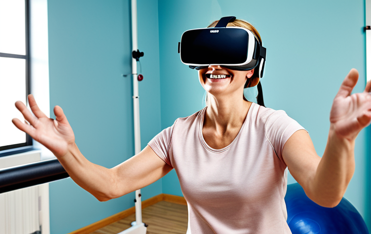 **
A patient wearing a VR headset and participating in a physical therapy session. They are smiling and engaged, virtually throwing a ball. The scene shows a modern rehabilitation clinic setting.
**
