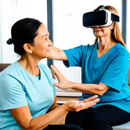 Home 6 An elderly woman in modest, comfortable athletic wear, fully clothed, appropriate attire, wearing a virtual reality headset, gently reaching out her hand in a natural pose as if grasping a virtual object. She is seated in a clean, brightly lit modern physical therapy room. A professional female therapist, in professional dress, stands nearby, observing with a tablet. The atmosphere is calm and focused. safe for work, appropriate content, fully clothed, professional, modest, family-friendly, perfect anatomy, correct proportions, natural pose, well-formed hands, proper finger count, natural body proportions, professional photography, high quality.