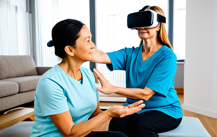 An elderly woman in modest, comfortable athletic wear, fully clothed, appropriate attire, wearing a virtual reality headset, gently reaching out her hand in a natural pose as if grasping a virtual object. She is seated in a clean, brightly lit modern physical therapy room. A professional female therapist, in professional dress, stands nearby, observing with a tablet. The atmosphere is calm and focused. safe for work, appropriate content, fully clothed, professional, modest, family-friendly, perfect anatomy, correct proportions, natural pose, well-formed hands, proper finger count, natural body proportions, professional photography, high quality.