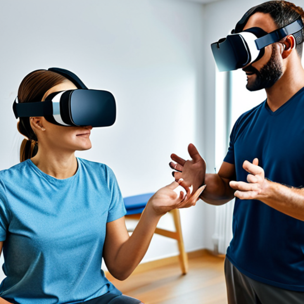 **

A physical therapist guiding a fully clothed patient in a virtual reality rehabilitation session. The patient wears a VR headset and is engaging with a game designed to improve motor skills. The setting is a modern rehabilitation center with various exercise equipment in the background. Safe for work, appropriate content, fully clothed, professional, perfect anatomy, correct proportions, well-formed hands.

**