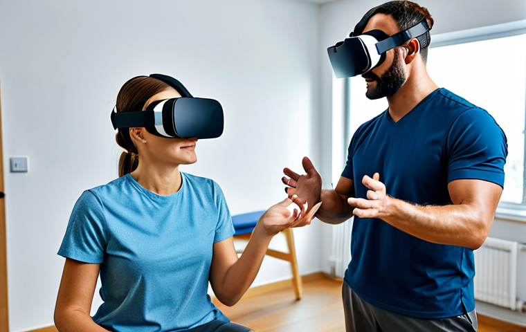 **

A physical therapist guiding a fully clothed patient in a virtual reality rehabilitation session. The patient wears a VR headset and is engaging with a game designed to improve motor skills. The setting is a modern rehabilitation center with various exercise equipment in the background. Safe for work, appropriate content, fully clothed, professional, perfect anatomy, correct proportions, well-formed hands.

**