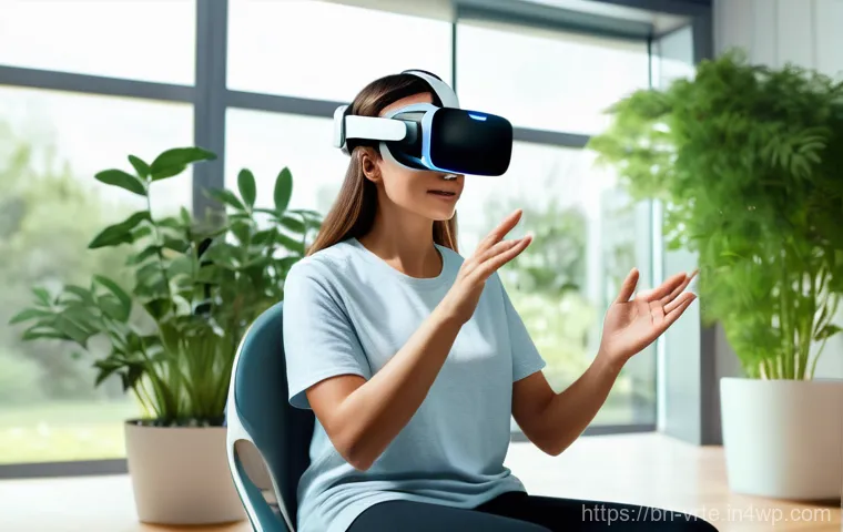 가상현실 재활치료의 진화 - **Prompt 1: Virtual Garden Rehabilitation**
    "A peaceful indoor rehabilitation center scene. A mi...