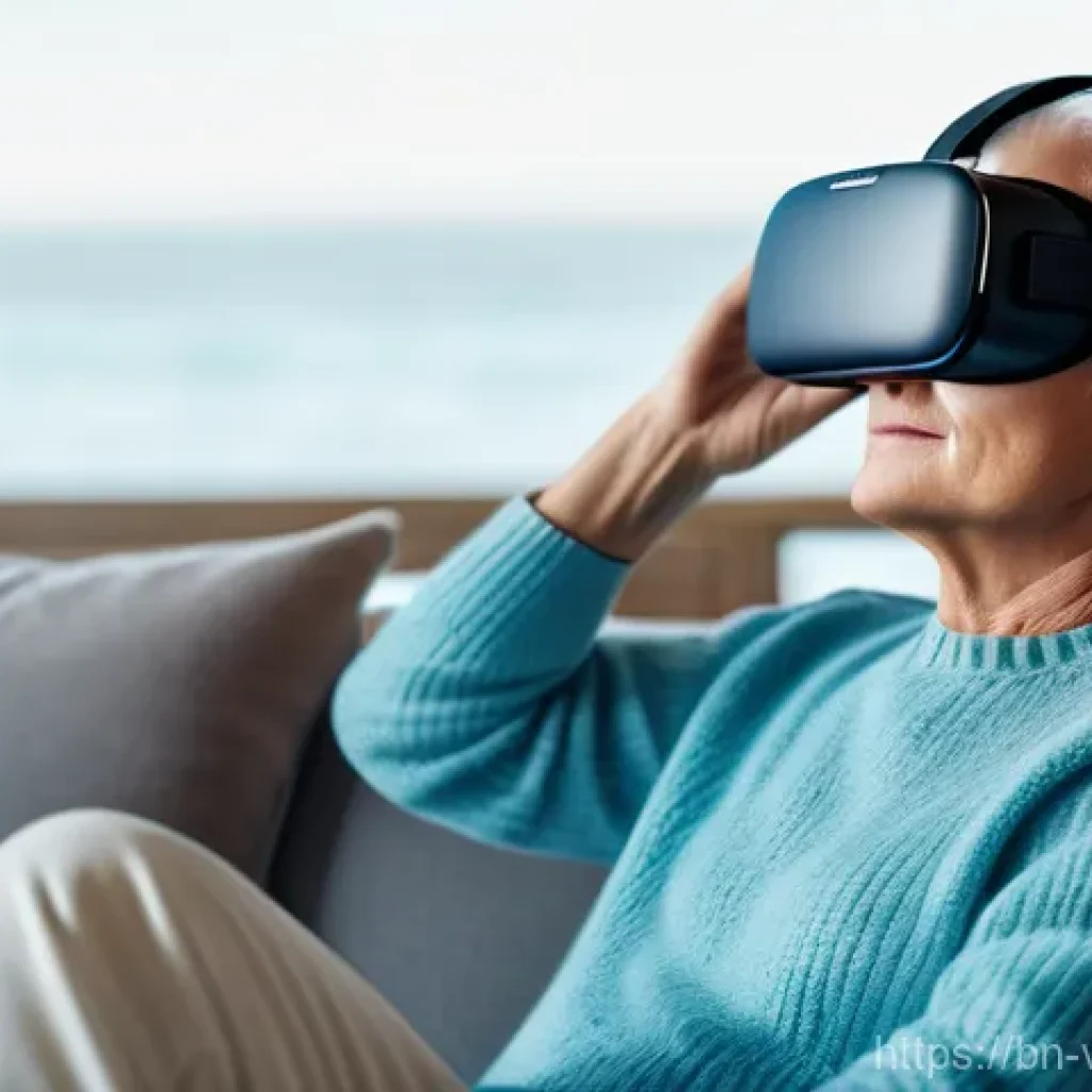 VR을 이용한 신체 재활 프로그램 - **Home-based Serene Recovery:** An older adult (60s-70s) in comfortable, modest casual wear (e.g., a...