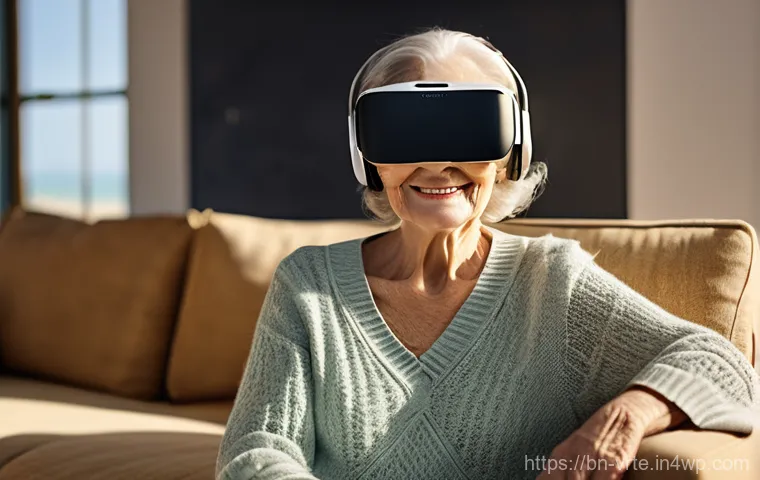 VR을 이용한 신체 재활 프로그램 - **Home-based Serene Recovery:** An older adult (60s-70s) in comfortable, modest casual wear (e.g., a...