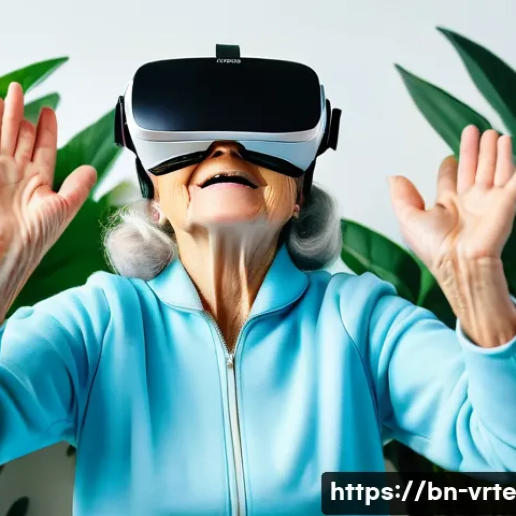 가상현실 재활치료와 신체 기능 회복 - A cheerful elderly woman, around 70 years old, wearing a comfortable, light blue tracksuit, is enthu...