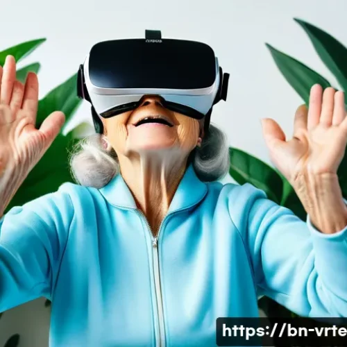 Home 26 가상현실 재활치료와 신체 기능 회복 - A cheerful elderly woman, around 70 years old, wearing a comfortable, light blue tracksuit, is enthu...