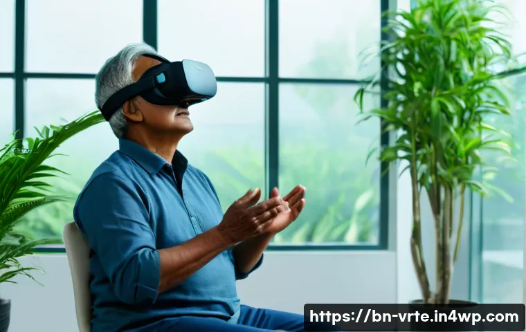 VR 재활치료의 상담적 접근 - A serene rehabilitation therapy room featuring a middle-aged Bengali patient wearing comfortable cas...