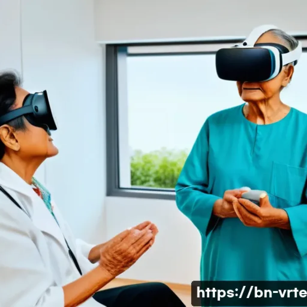 VR 재활치료와 환자 참여도 - A detailed scene of a Bengali elderly patient wearing comfortable clothing and VR headset, actively ...