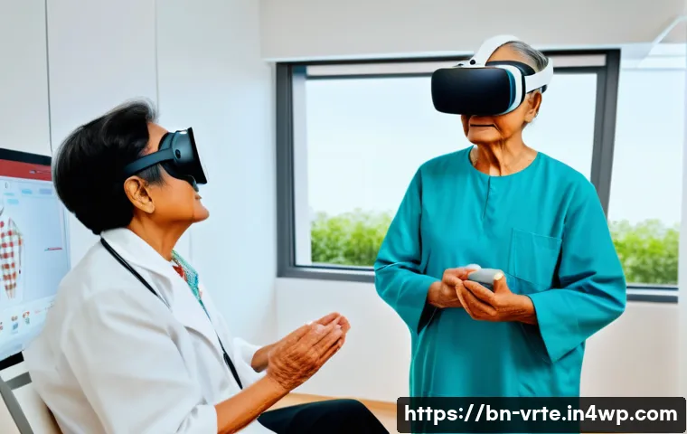 VR 재활치료와 환자 참여도 - A detailed scene of a Bengali elderly patient wearing comfortable clothing and VR headset, actively ...