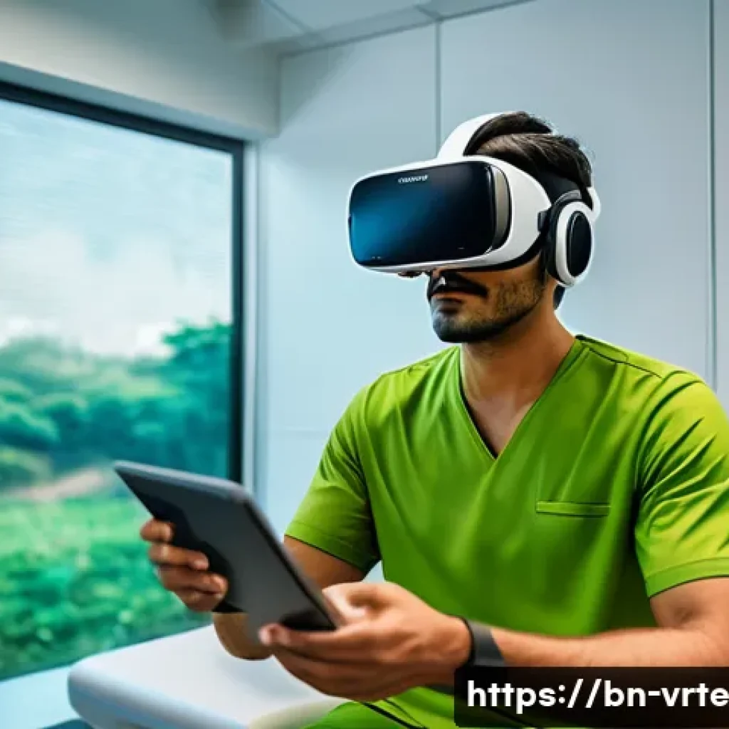 VR 재활치료의 환자 맞춤형 적용 - A detailed scene showing a Bengali patient undergoing personalized VR rehabilitation therapy in a mo...