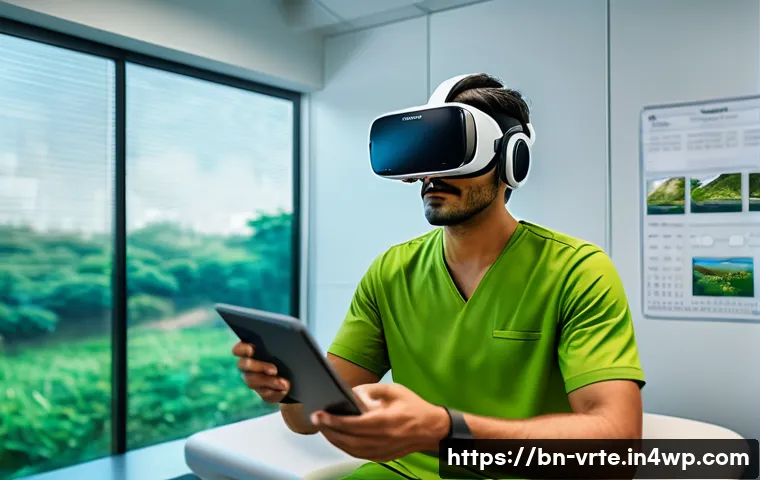 VR 재활치료의 환자 맞춤형 적용 - A detailed scene showing a Bengali patient undergoing personalized VR rehabilitation therapy in a mo...