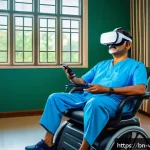 VR 기반 재활치료의 개인화 - A serene rehabilitation clinic scene featuring a Bengali middle-aged patient wearing comfortable ath...