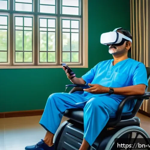 VR 기반 재활치료의 개인화 - A serene rehabilitation clinic scene featuring a Bengali middle-aged patient wearing comfortable ath...