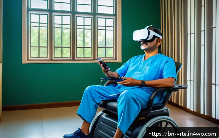 VR 기반 재활치료의 개인화 - A serene rehabilitation clinic scene featuring a Bengali middle-aged patient wearing comfortable ath...
