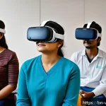 가상현실 재활치료의 임상 적용 - A modern clinical rehabilitation center featuring a diverse group of Bengali patients wearing comfor...