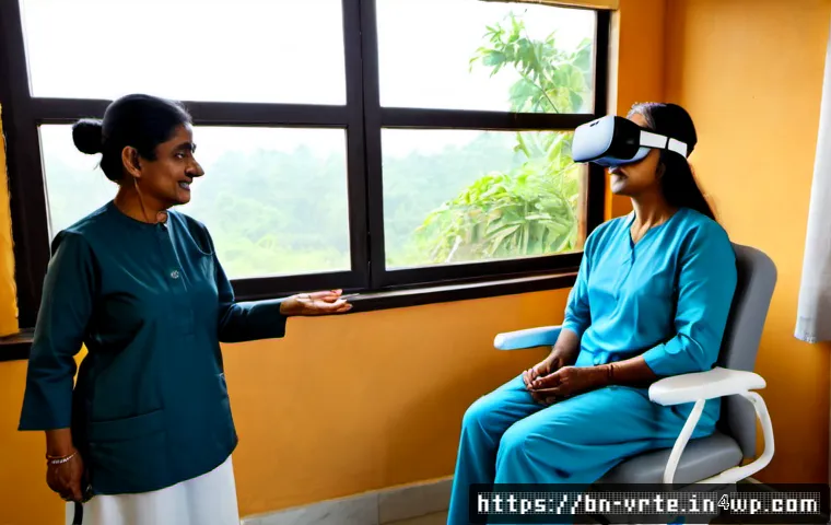 가상현실 재활치료의 상호작용 설계 - Photorealistic rehabilitation clinic scene in Bangladesh, an older Bengali woman wearing a modest lo...