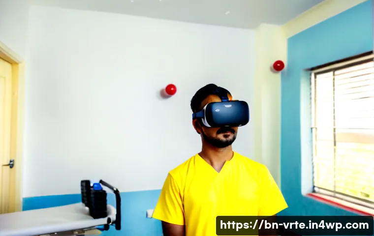 VR 재활치료의 치료 목표 - Photorealistic rehabilitation clinic in Bangladesh, an adult patient wearing a modern VR headset per...
